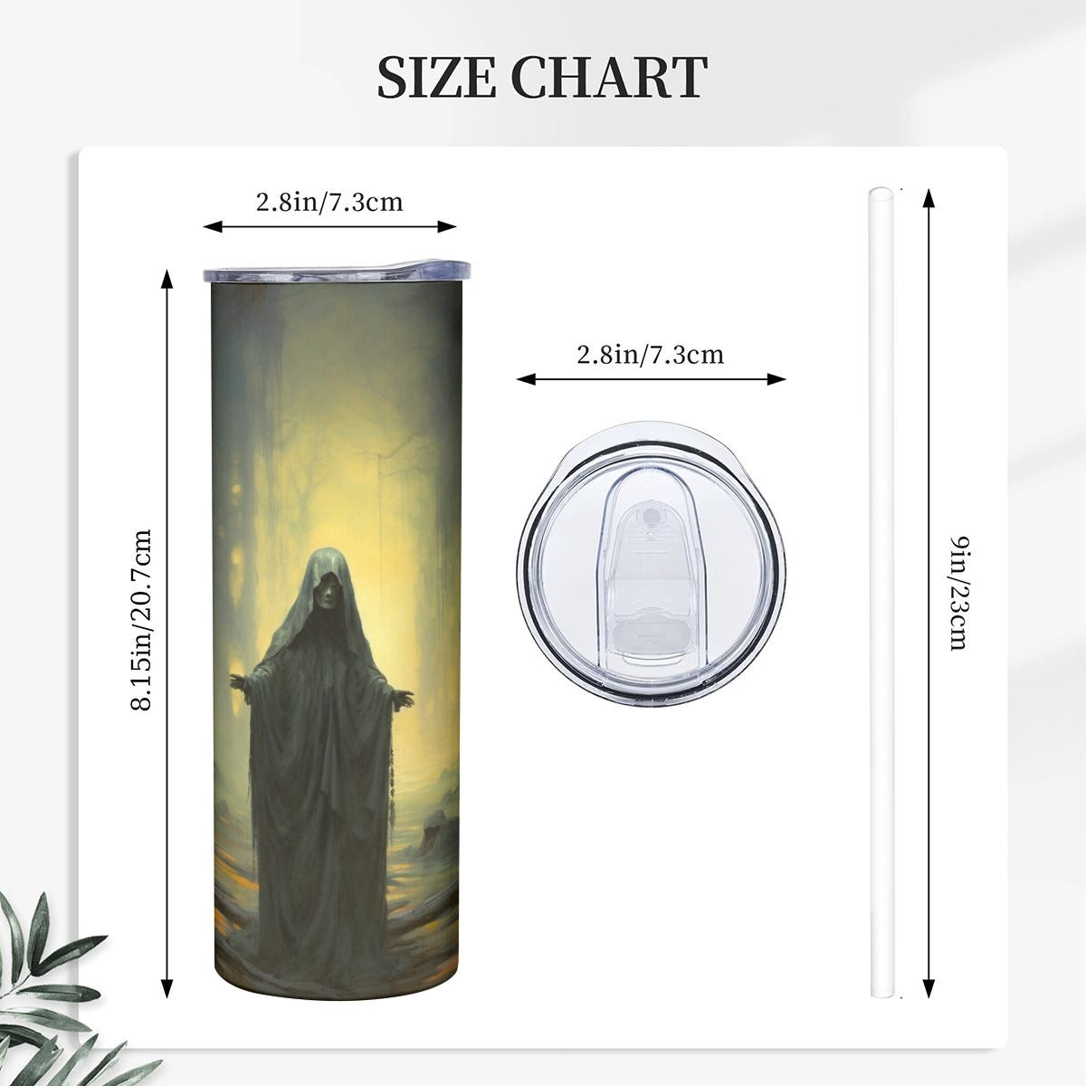 Size chart graphic showing a tall insulated tumbler with a printed ghostly figure design, a clear lid, and a clear straw, with dimension arrows and measurements on a white background.