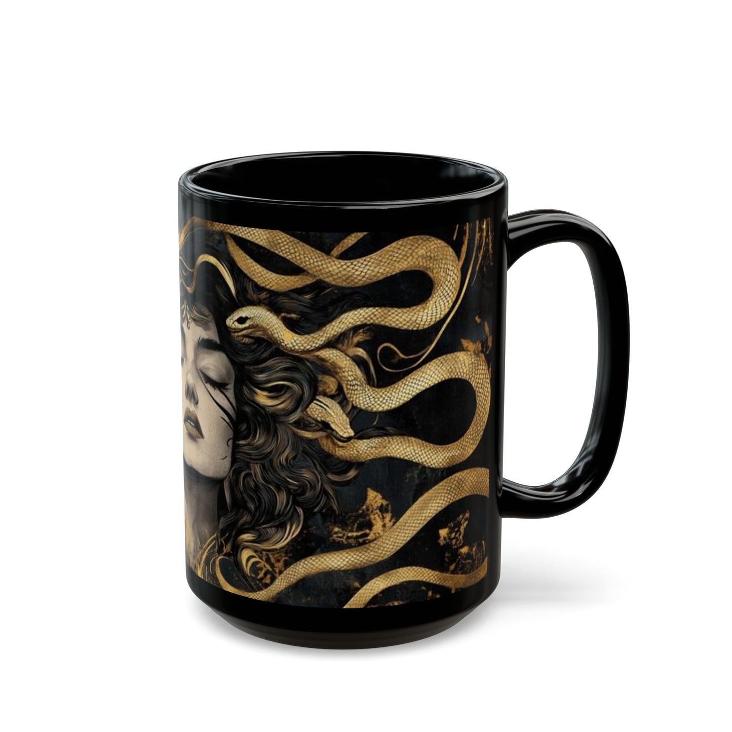 Medusa Art Black Ceramic Mug — Mythical Snake-Hair Goddess Coffee Cup