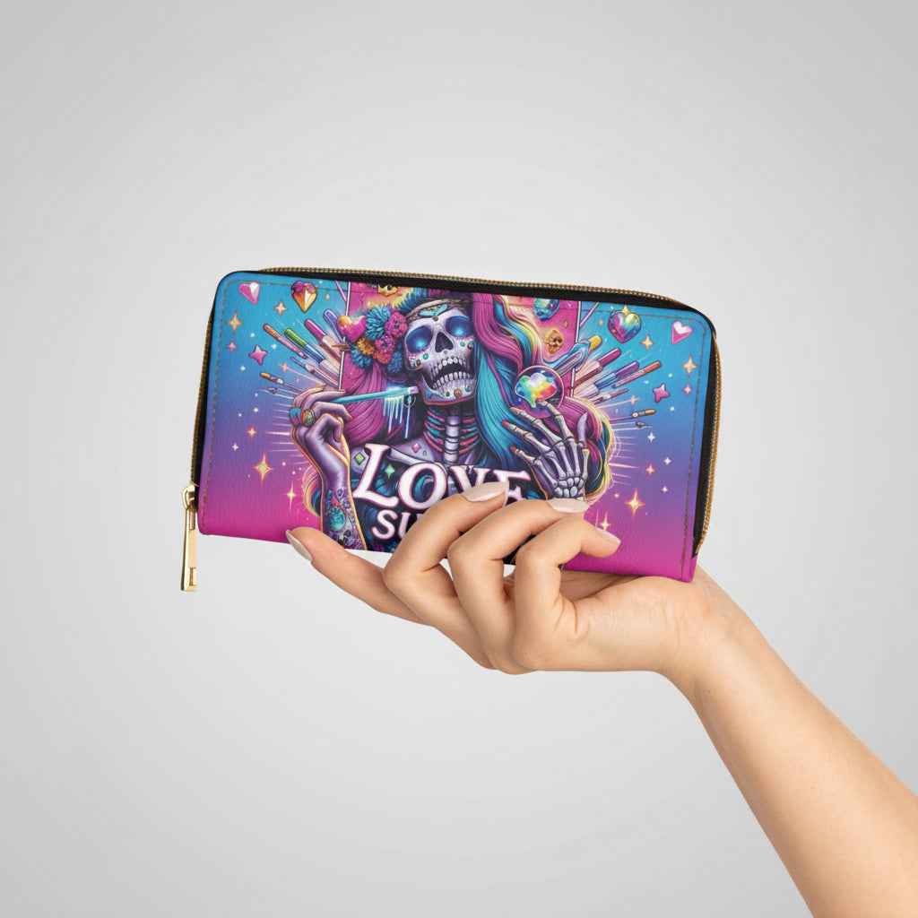 Love Sucks Skeleton Zipper Wallet — Gothic Rainbow Skull Wallet