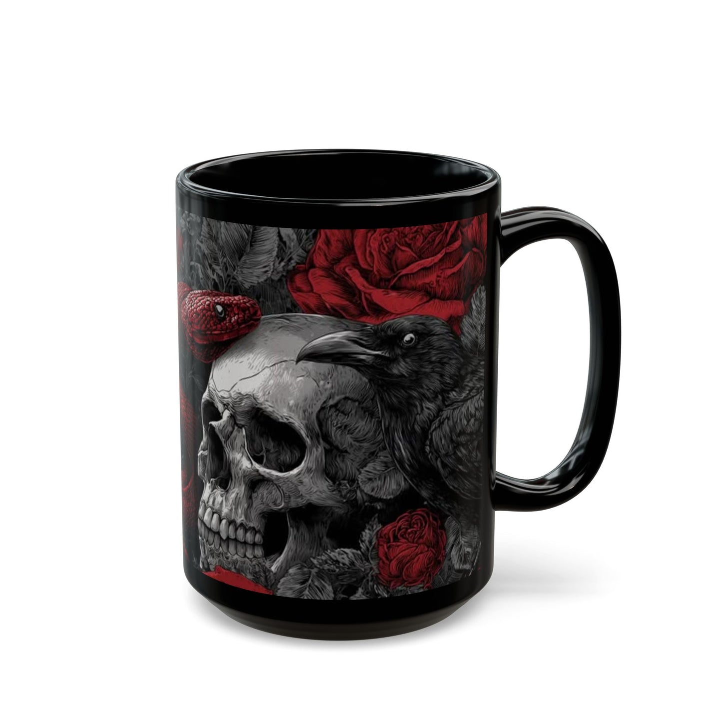 Gothic Skull & Red Snake Black Mug – Dark Rose Raven Coffee Cup
