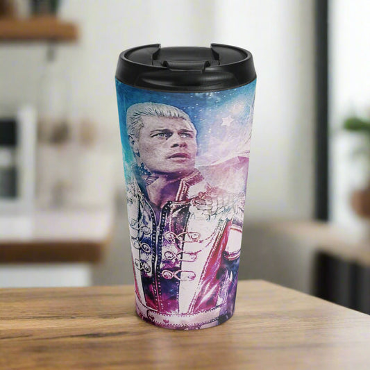 Stainless steel travel mug with a printed design featuring Cody Rhodes from WWE in a colorful, dynamic pose.