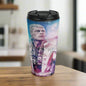 Stainless steel travel mug with a printed design featuring Cody Rhodes from WWE in a colorful, dynamic pose.