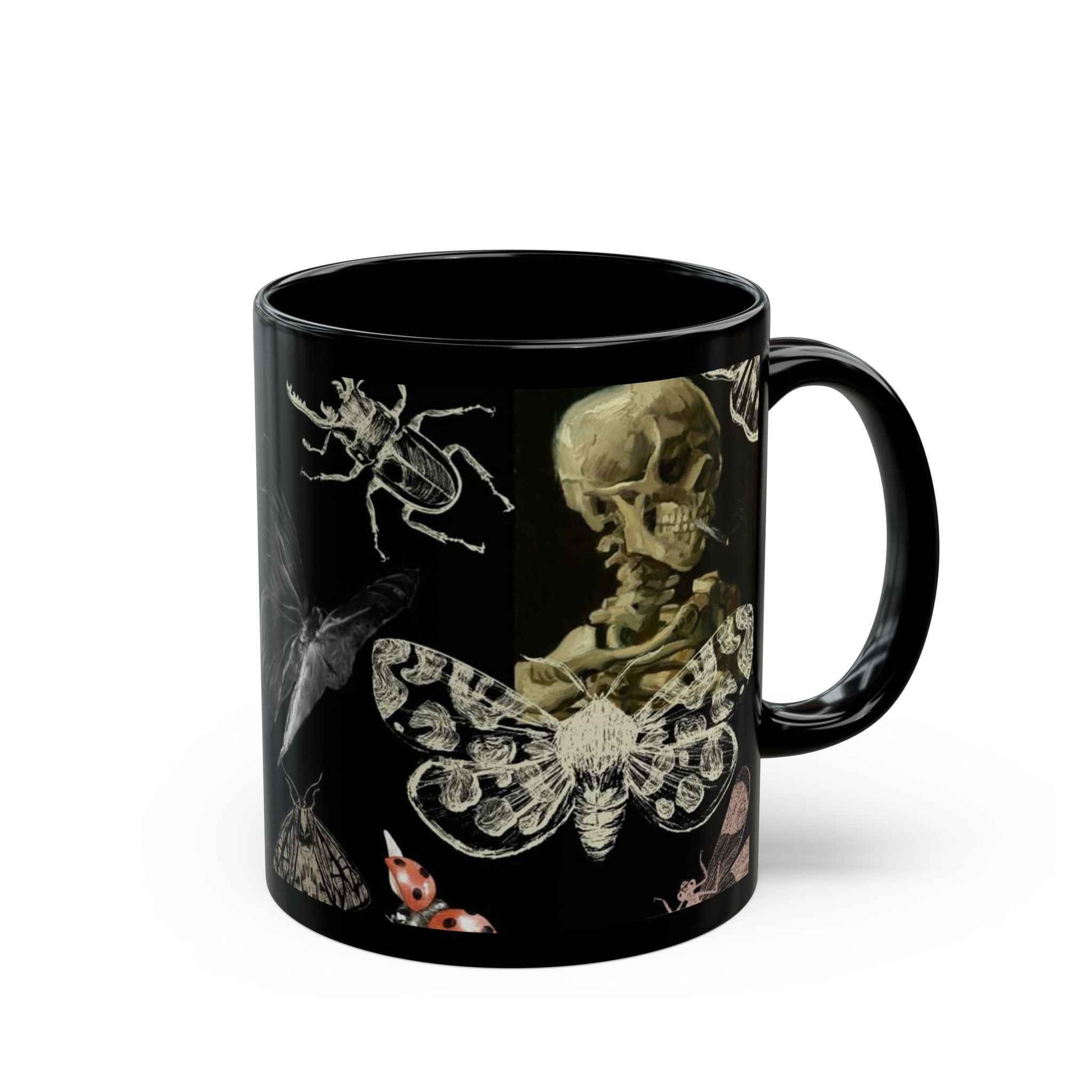 Skull & Moth Black Ceramic Mug – Gothic Skeleton and Moth Halloween Coffee Cup