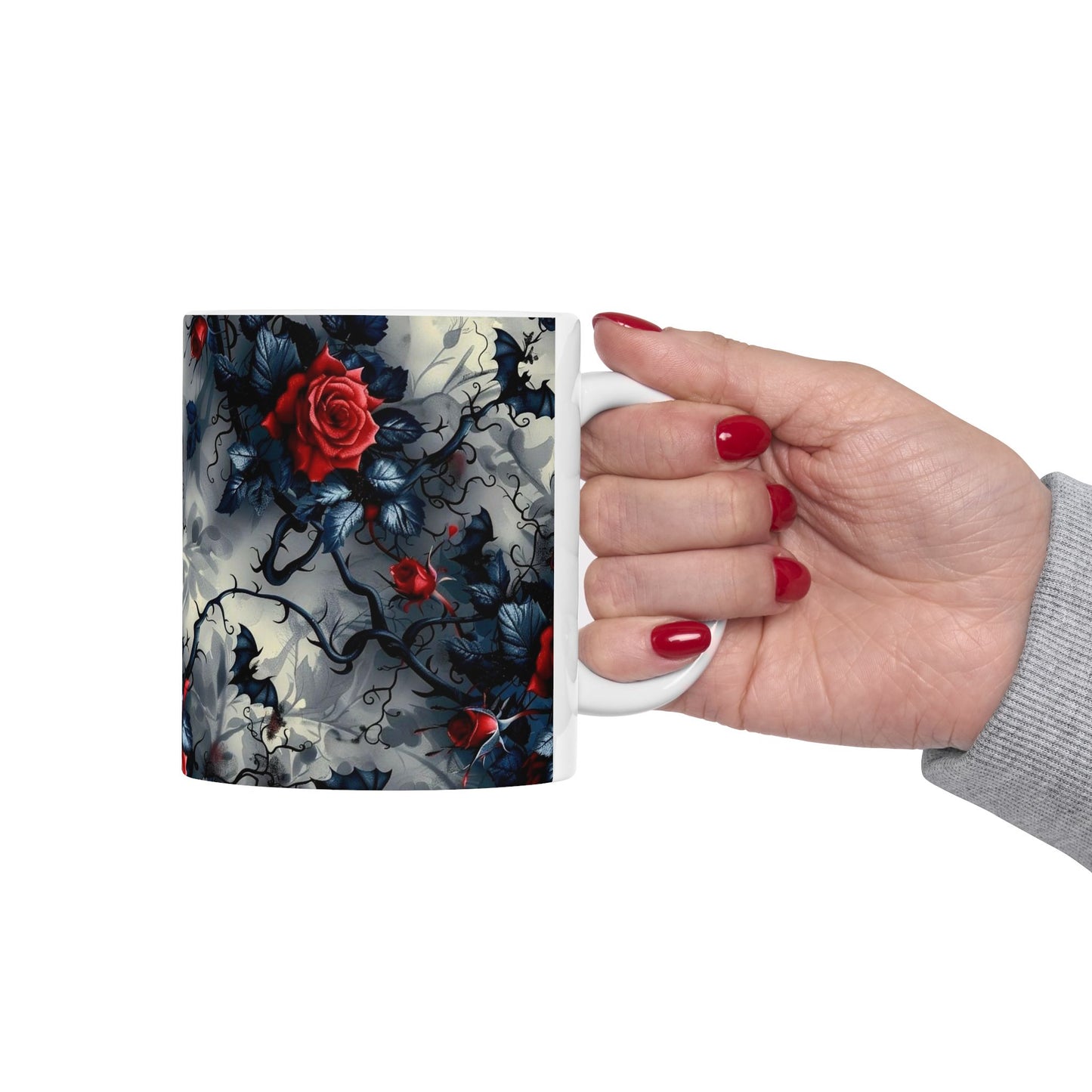 Red Rose Ceramic Mug — Dark Floral Coffee Cup