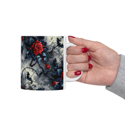 Red Rose Ceramic Mug — Dark Floral Coffee Cup