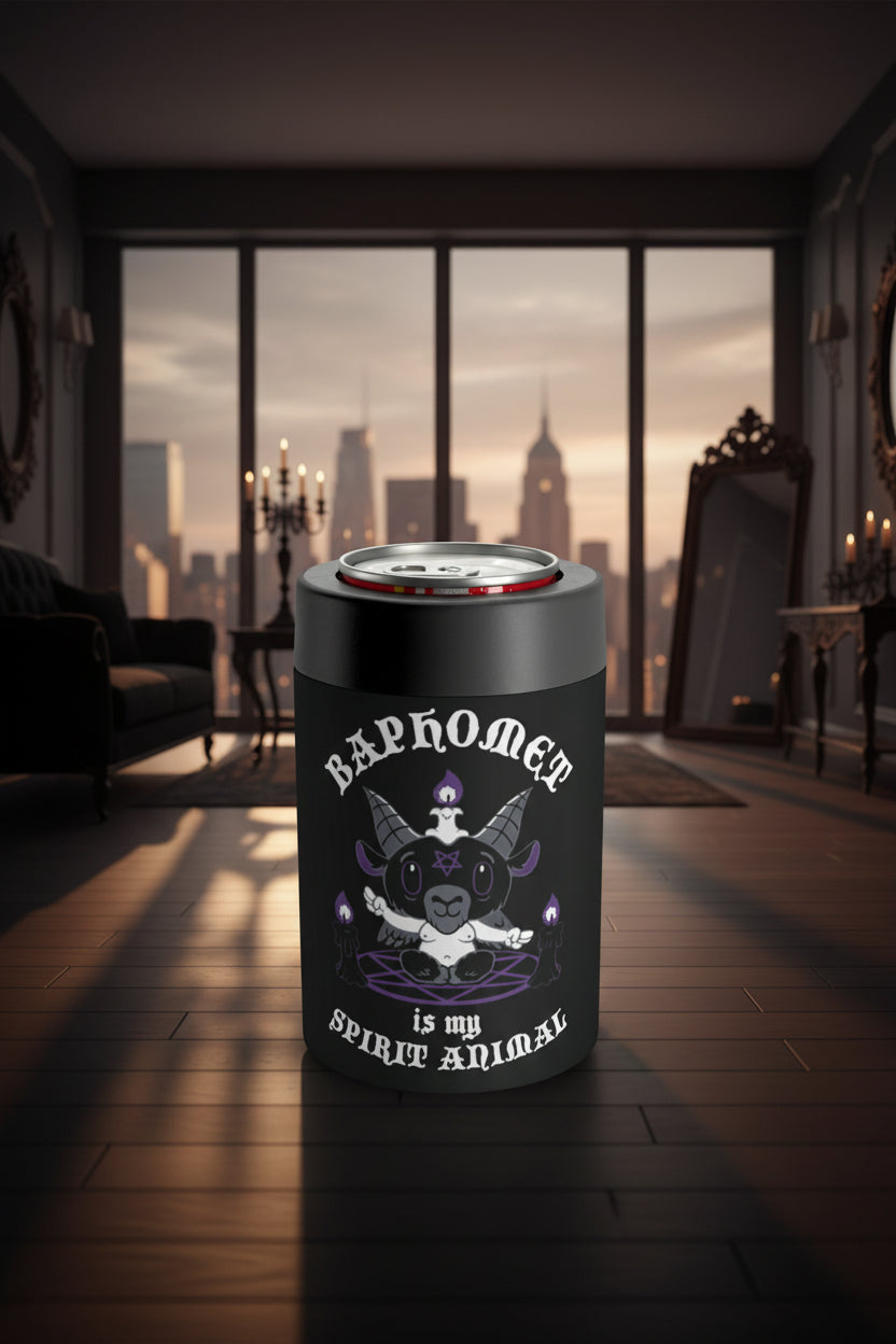 A black insulated can cooler with a silver aluminum lid, featuring a gothic-style graphic of a meditating horned goat and the text 'BAPHOMET is my SPIRIT ANIMAL' in white and purple.