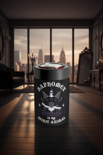 A black insulated can cooler with a silver aluminum lid, featuring a gothic-style graphic of a meditating horned goat and the text 'BAPHOMET is my SPIRIT ANIMAL' in white and purple.