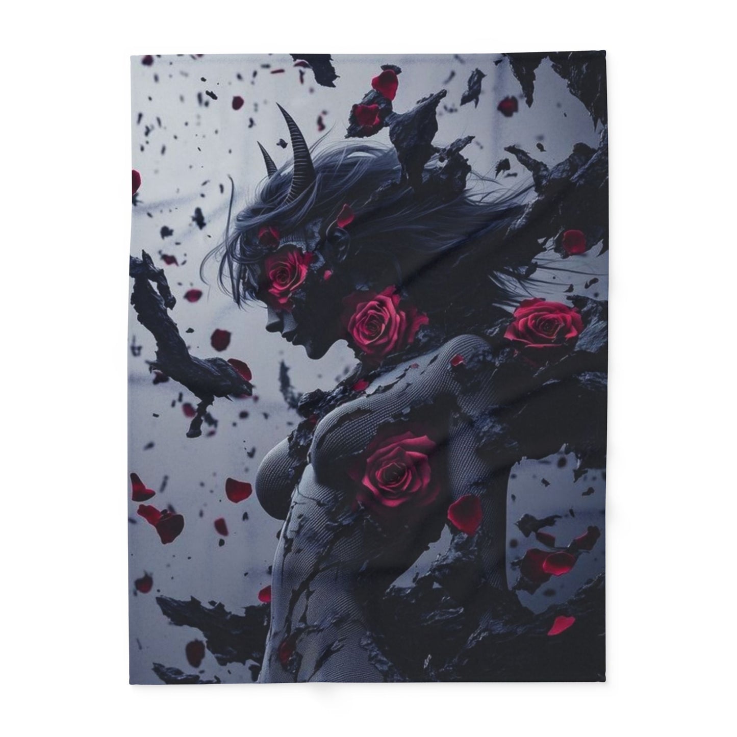 Arctic Fleece Blanket - Dark Fantasy Demon Woman with Red Roses Plush Throw
