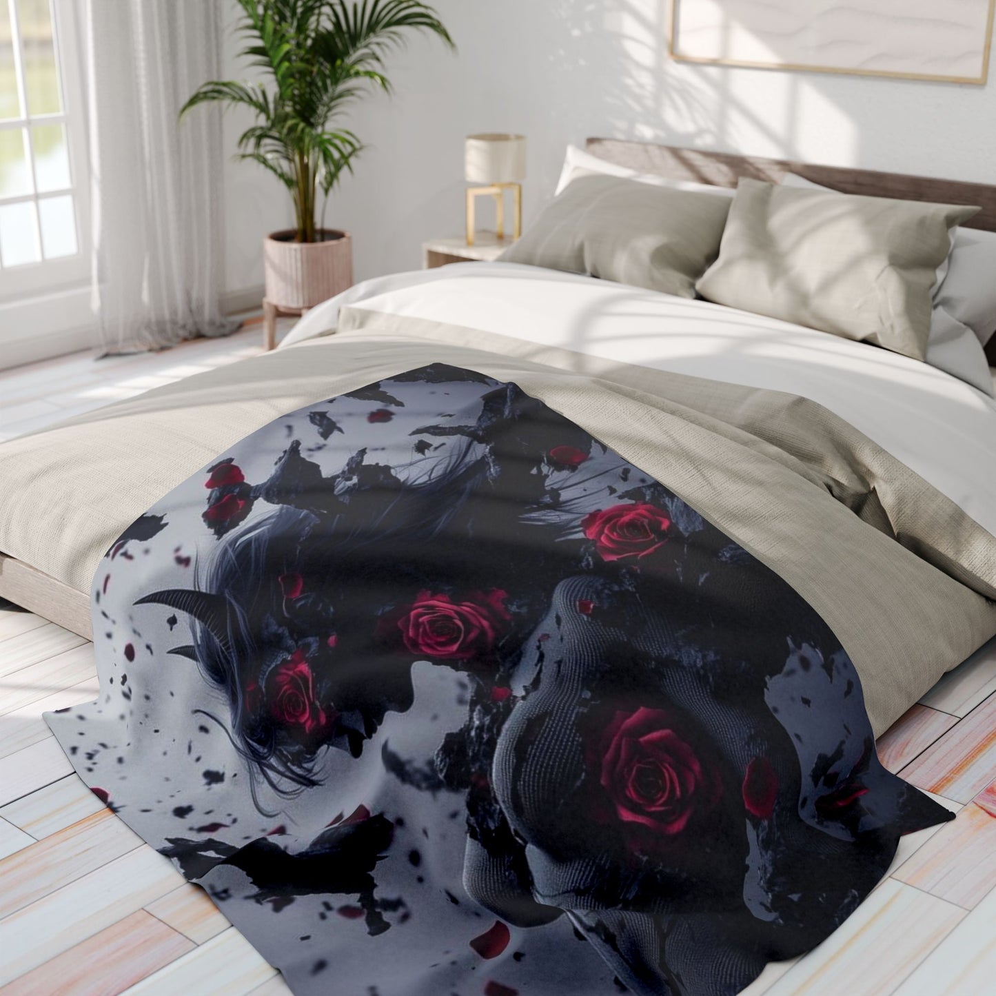 Arctic Fleece Blanket - Dark Fantasy Demon Woman with Red Roses Plush Throw