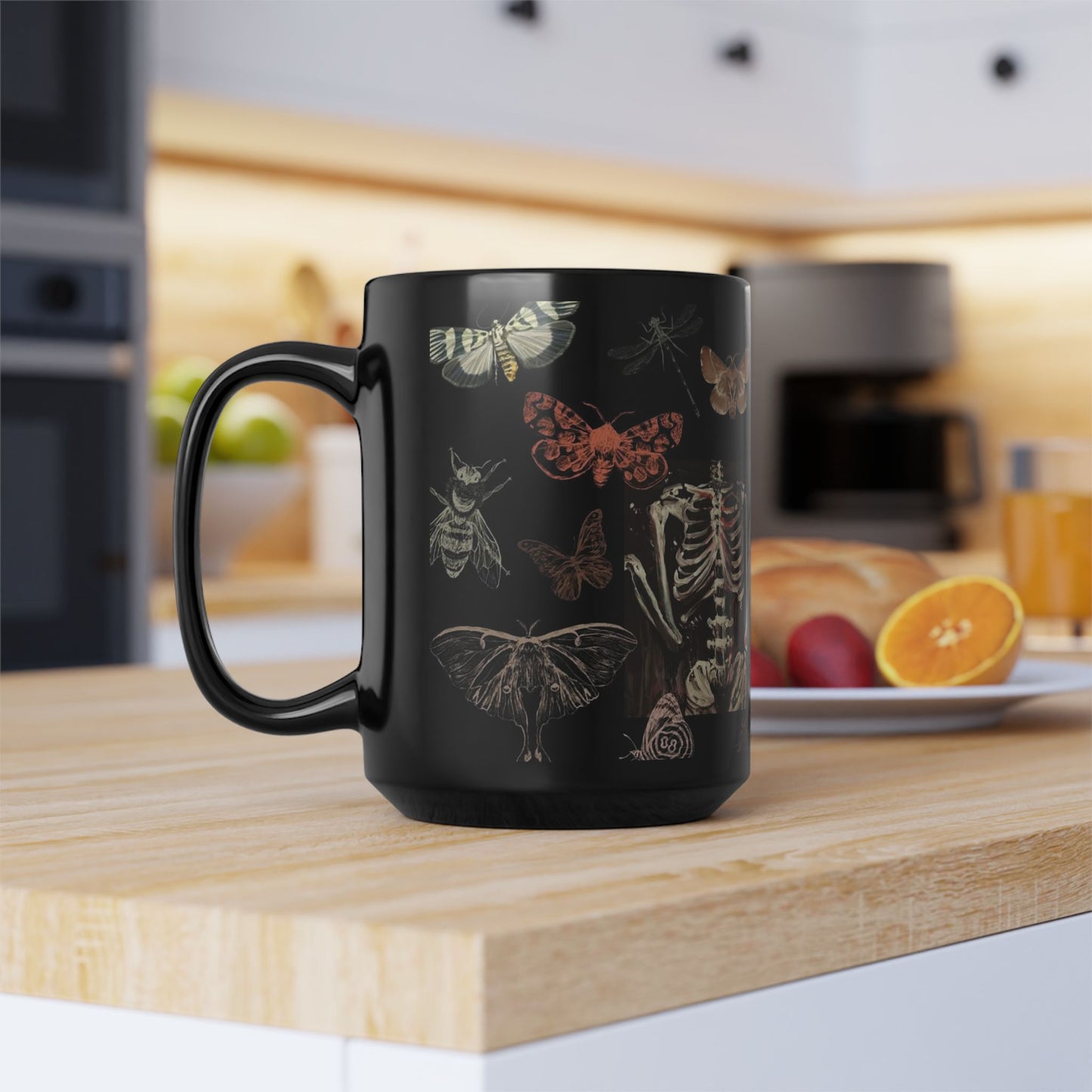 Skull & Moth Black Ceramic Mug – Gothic Skeleton and Moth Halloween Coffee Cup