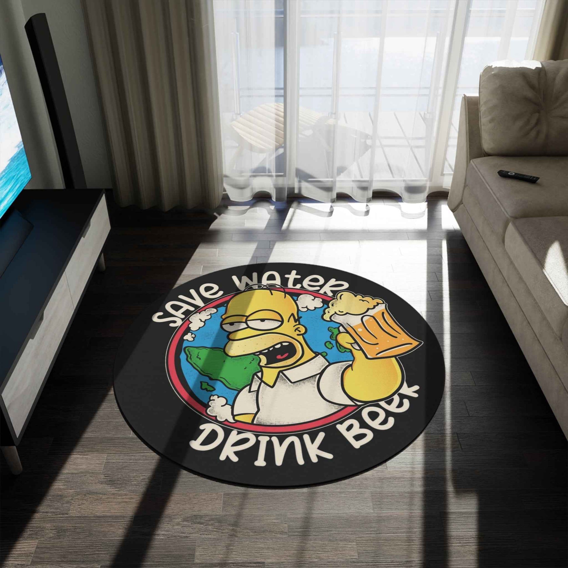 Round Rug — 'Save Water Drink Beer' Humorous Cartoon Beer Mat