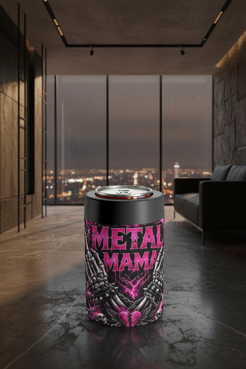 A slim can cooler featuring a black top and bottom with a vibrant pink and black 'Metal Mama' graphic design in the center, shown on a white background.