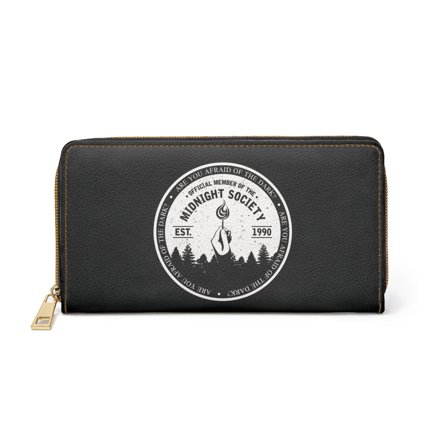 Midnight Society Zipper Wallet – Vintage Campfire Emblem Leather Wallet