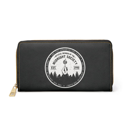 Midnight Society Zipper Wallet – Vintage Campfire Emblem Leather Wallet