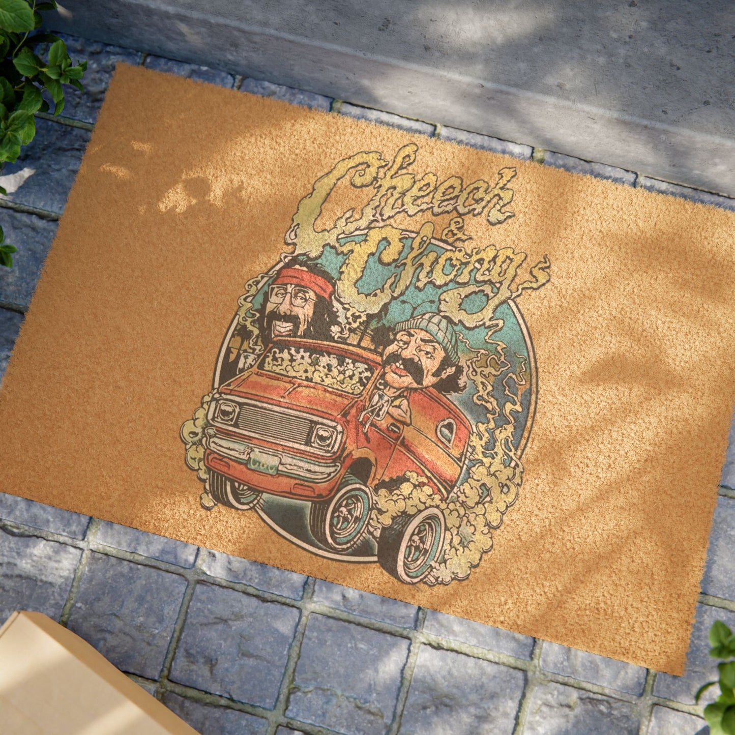 Doormat with Cheech and Chong graphic on a stone surface