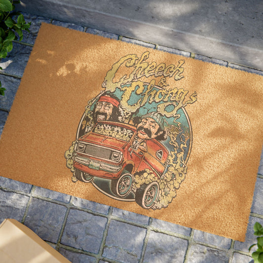 Doormat with Cheech and Chong graphic on a stone surface
