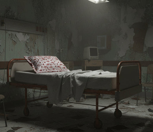 Abandoned hospital room with a bed and computer monitor.