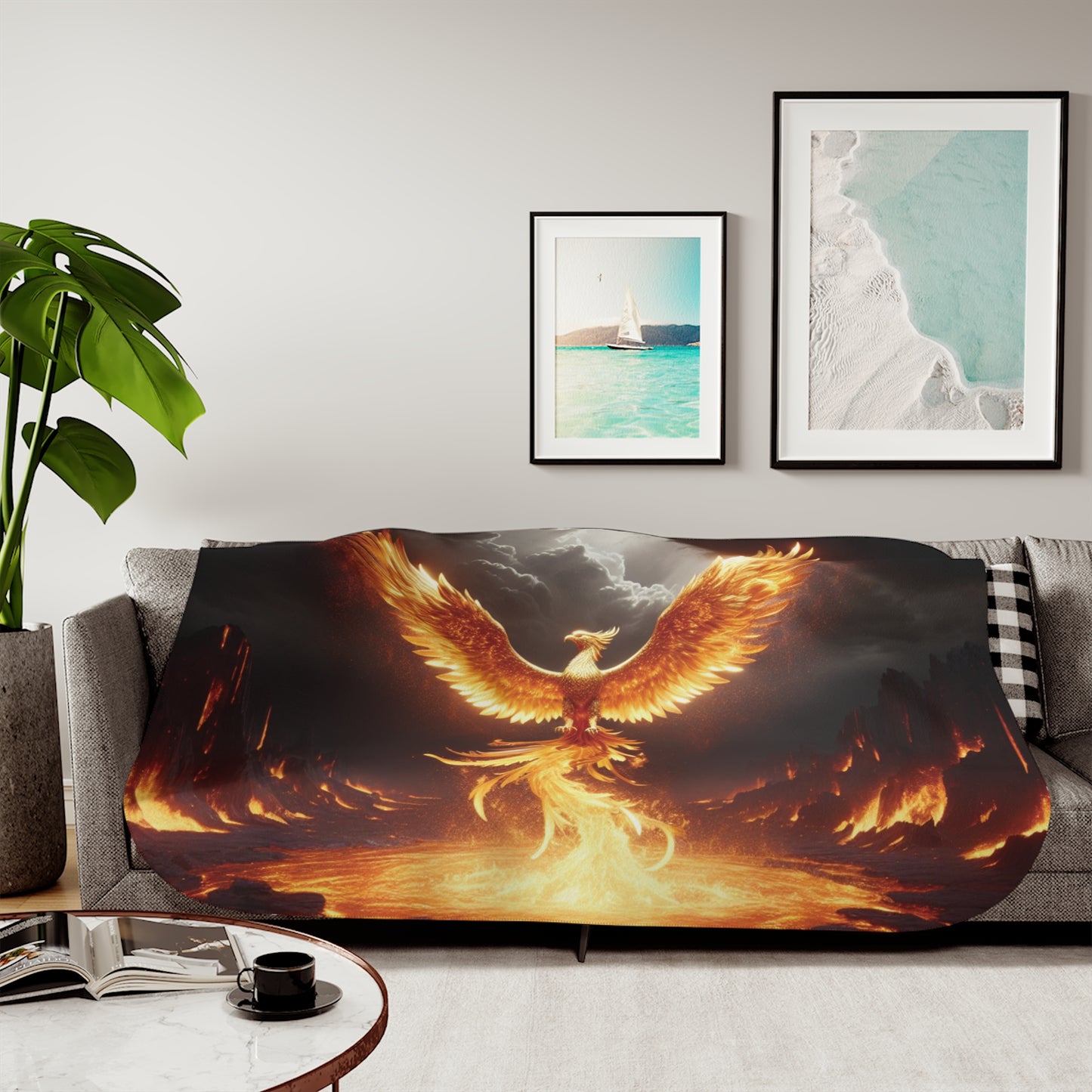 Phoenix Flame Sherpa Blanket — Fiery Mythical Bird Throw for Cozy Home & Gift