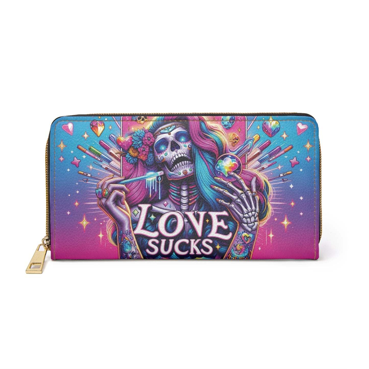 Love Sucks Skeleton Zipper Wallet — Gothic Rainbow Skull Wallet