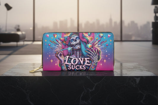 A zip-around wallet with a colorful Day of the Dead style skeleton illustration and the text 'LOVE SUCKS' 