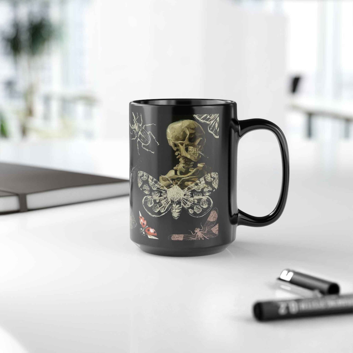 Skull & Moth Black Ceramic Mug – Gothic Skeleton and Moth Halloween Coffee Cup