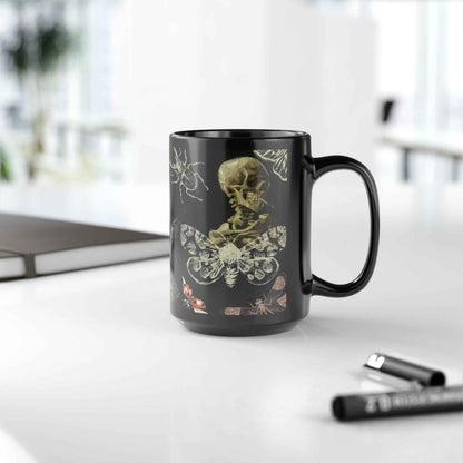 Skull & Moth Black Ceramic Mug – Gothic Skeleton and Moth Halloween Coffee Cup