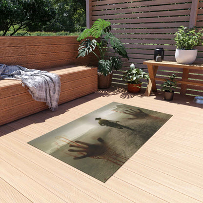 Zombie Western Outdoor Rug — Haunted Cowboy Scene with Bloody Handprints