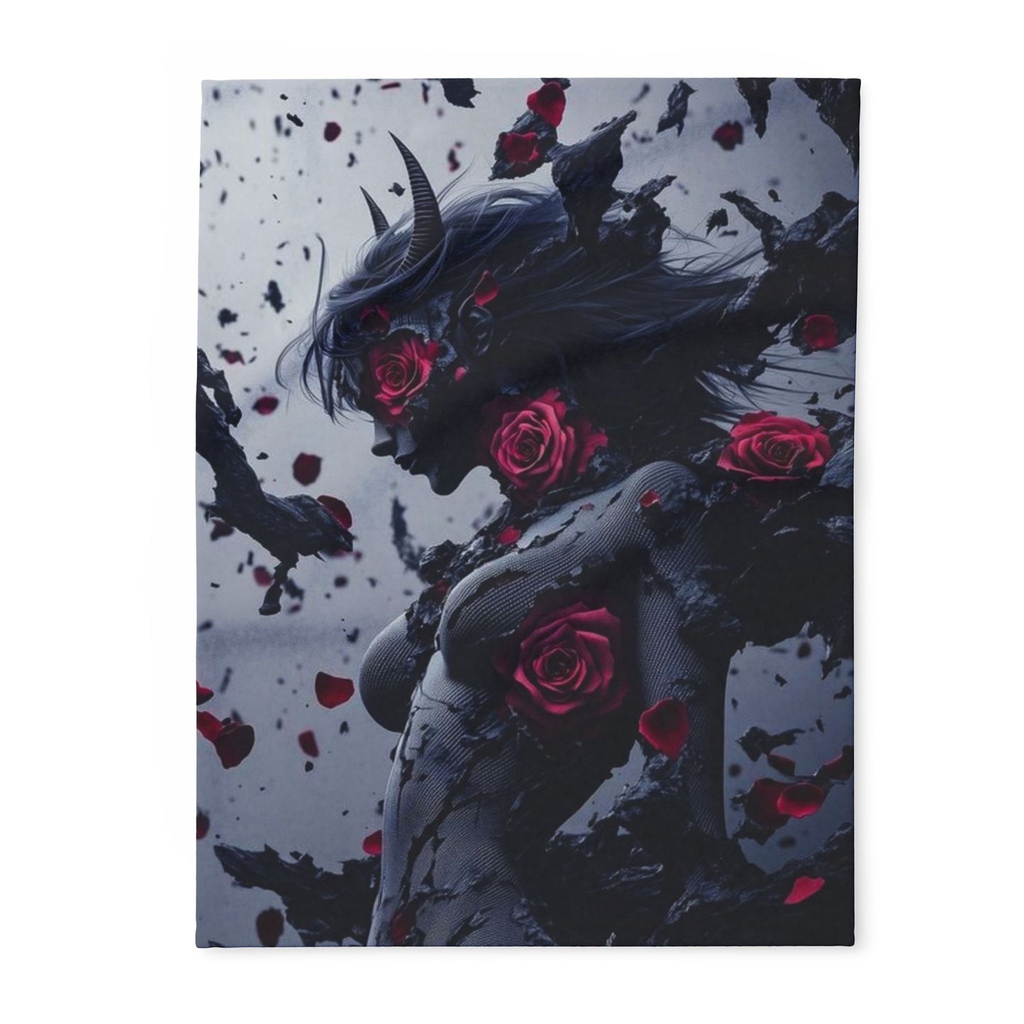 Arctic Fleece Blanket - Dark Fantasy Demon Woman with Red Roses Plush Throw