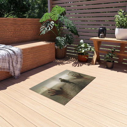 Zombie Western Outdoor Rug — Haunted Cowboy Scene with Bloody Handprints