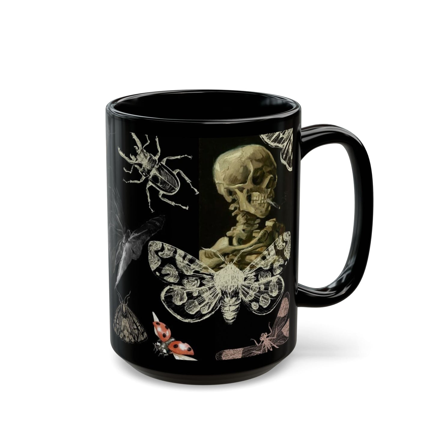 Skull & Moth Black Ceramic Mug – Gothic Skeleton and Moth Halloween Coffee Cup