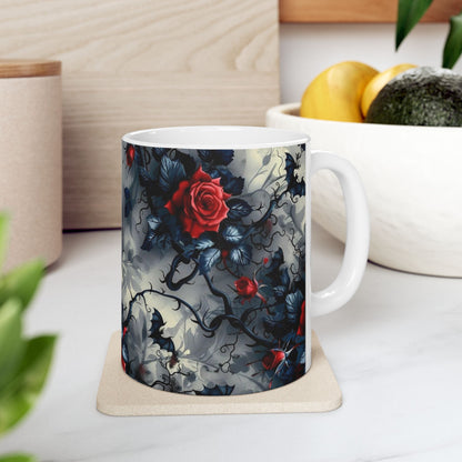 Red Rose Ceramic Mug — Dark Floral Coffee Cup