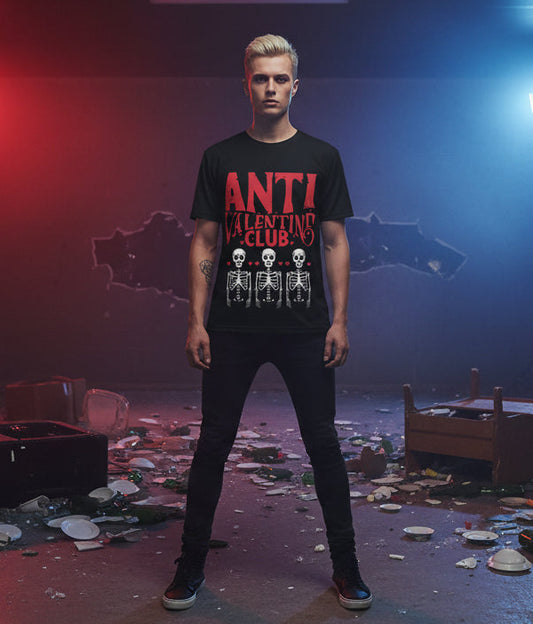 Person wearing an 'ANTI' shirt in a dark, dilapidated room with red and blue lighting.