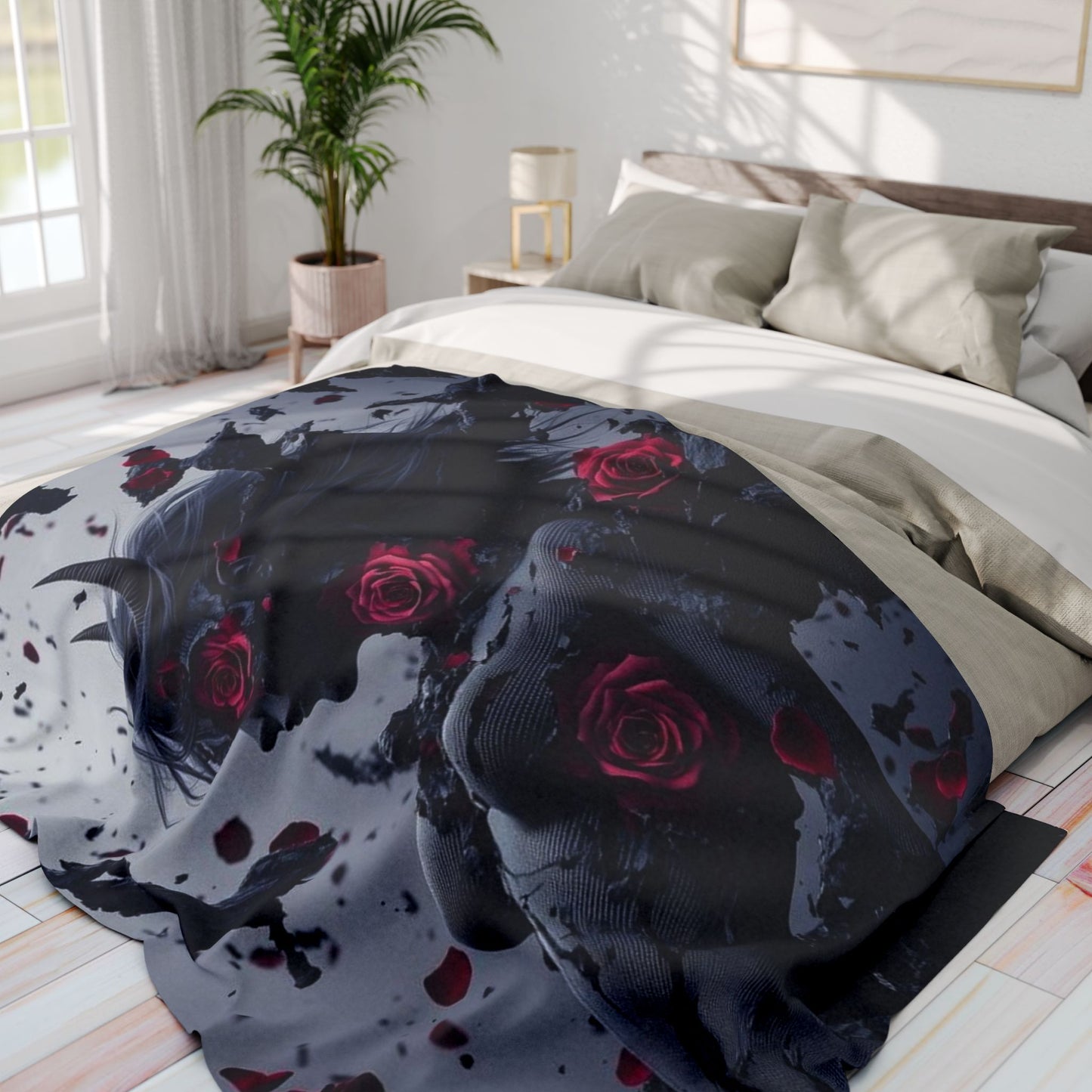 Manta Polar Ártica - Mujer Demonio de Fantasía Oscura con Rosas Rojas, Manta de Peluche