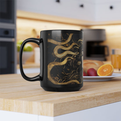 Medusa Art Black Ceramic Mug — Mythical Snake-Hair Goddess Coffee Cup