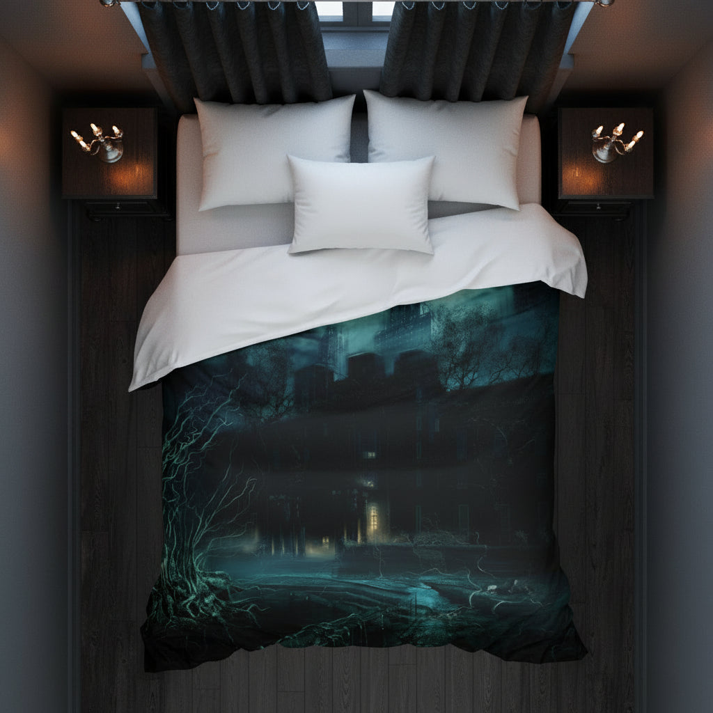 Gothic Moonlit Castle Comforter — Dark Haunted Forest Bedding