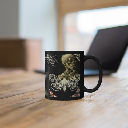 Skull & Moth Black Ceramic Mug – Gothic Skeleton and Moth Halloween Coffee Cup