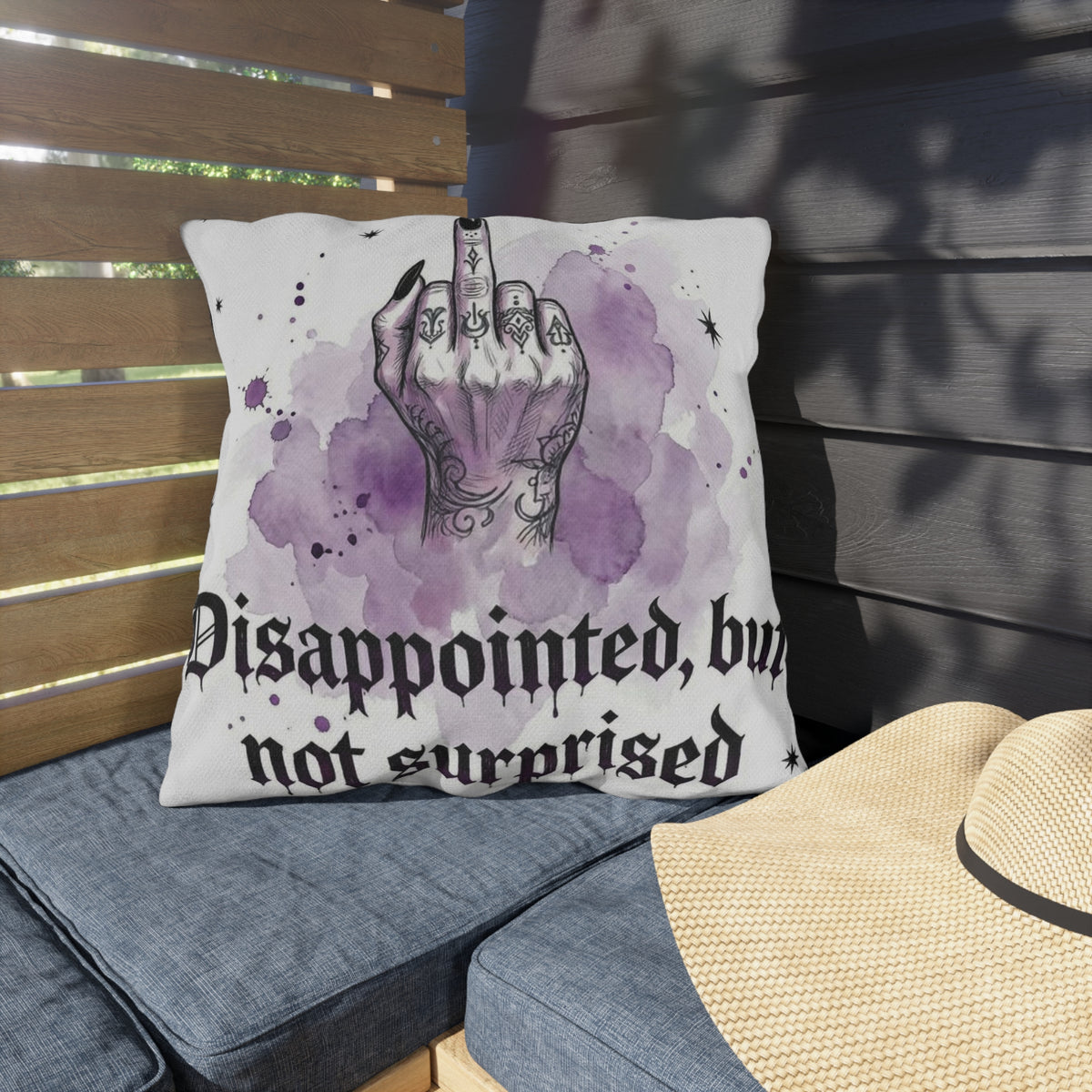 Outdoor Pillow — "Disappointed, But Not Surprised" Gothic Middle Finger Accent Pillow