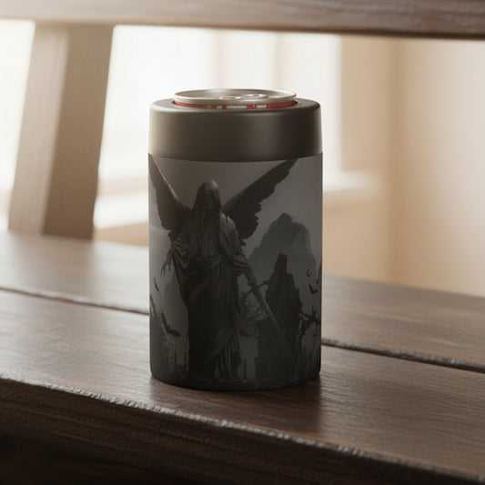 A black insulated can cooler with a gothic winged figure graphic, shown holding a silver can on a dark wooden surface.