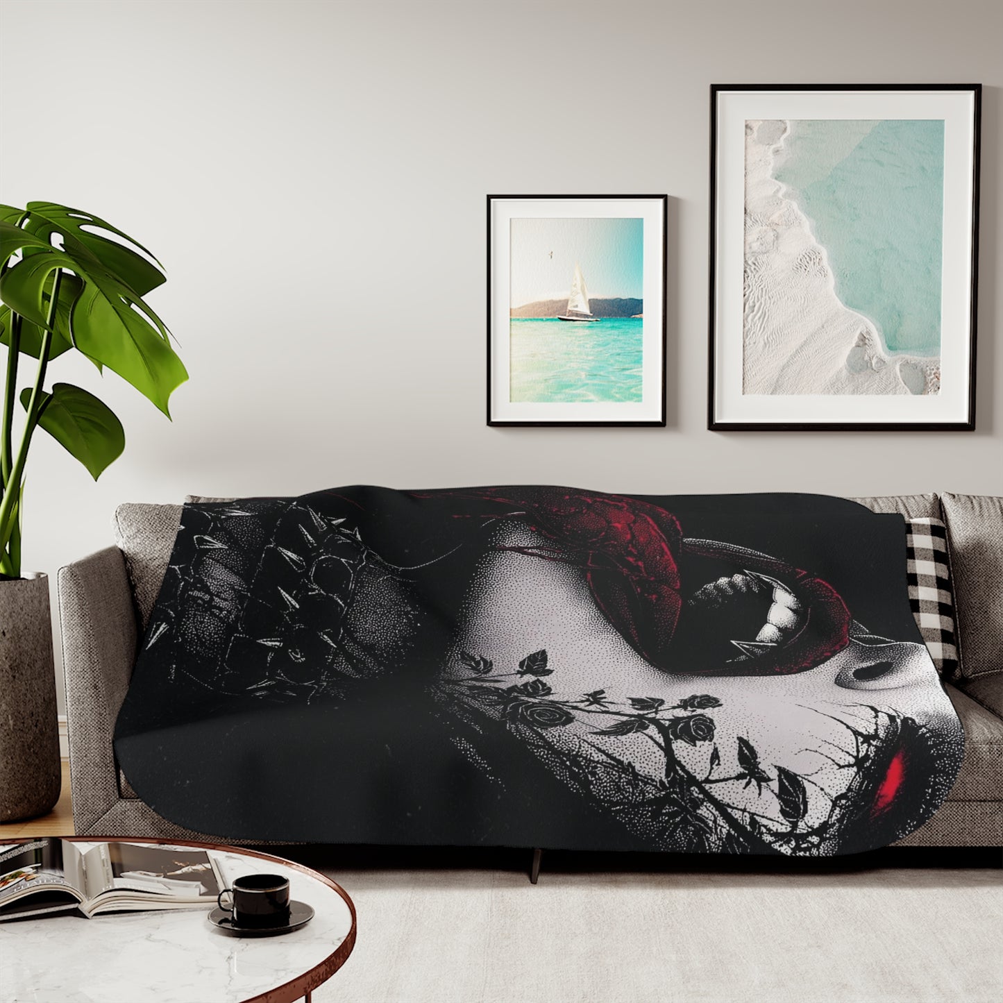Gothic Vampire Face Sherpa Blanket – Dark Rose Tattoo Cozy Throw