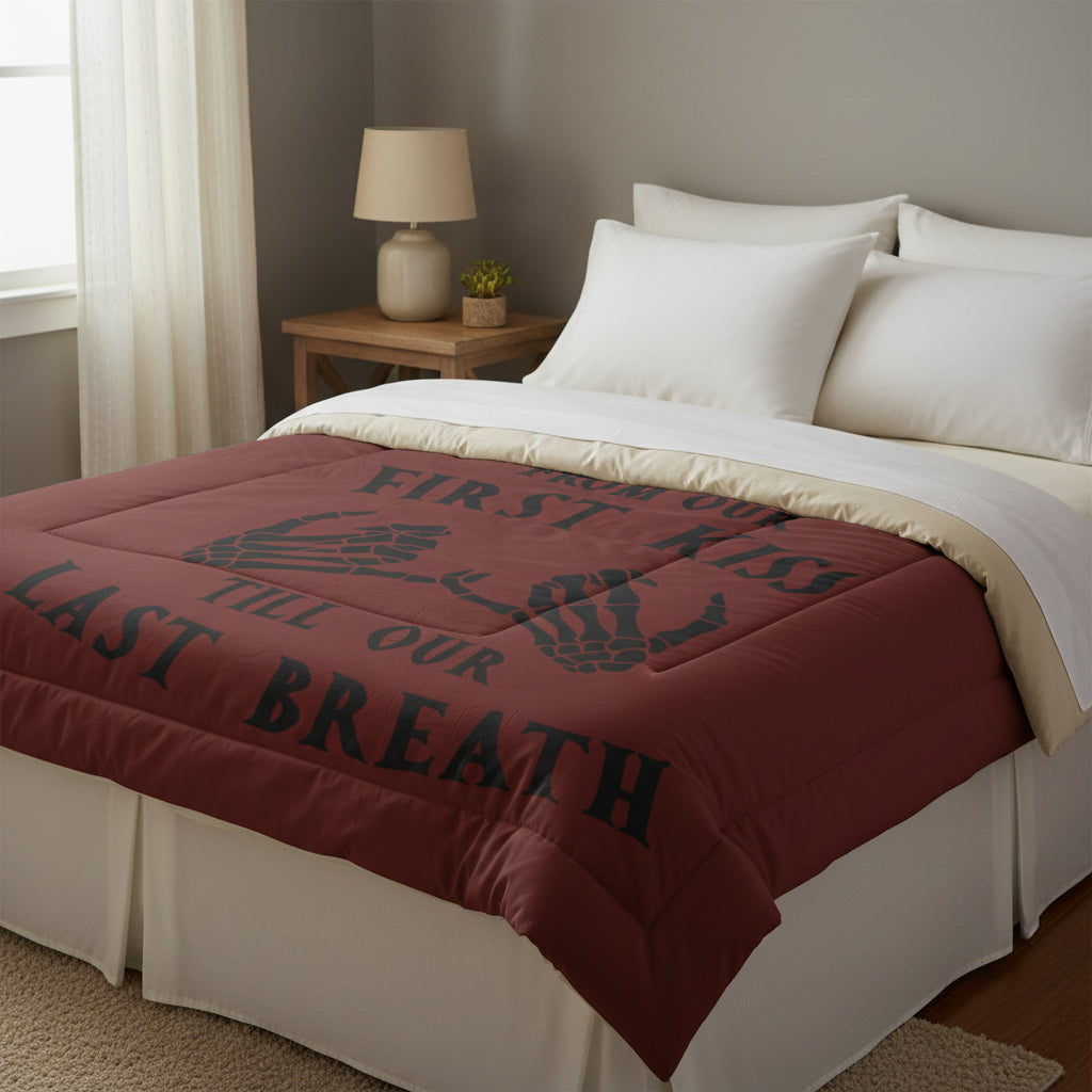 “From Our First Kiss Till Our Last Breath” Skeleton Hands Romantic Gothic Bedspread