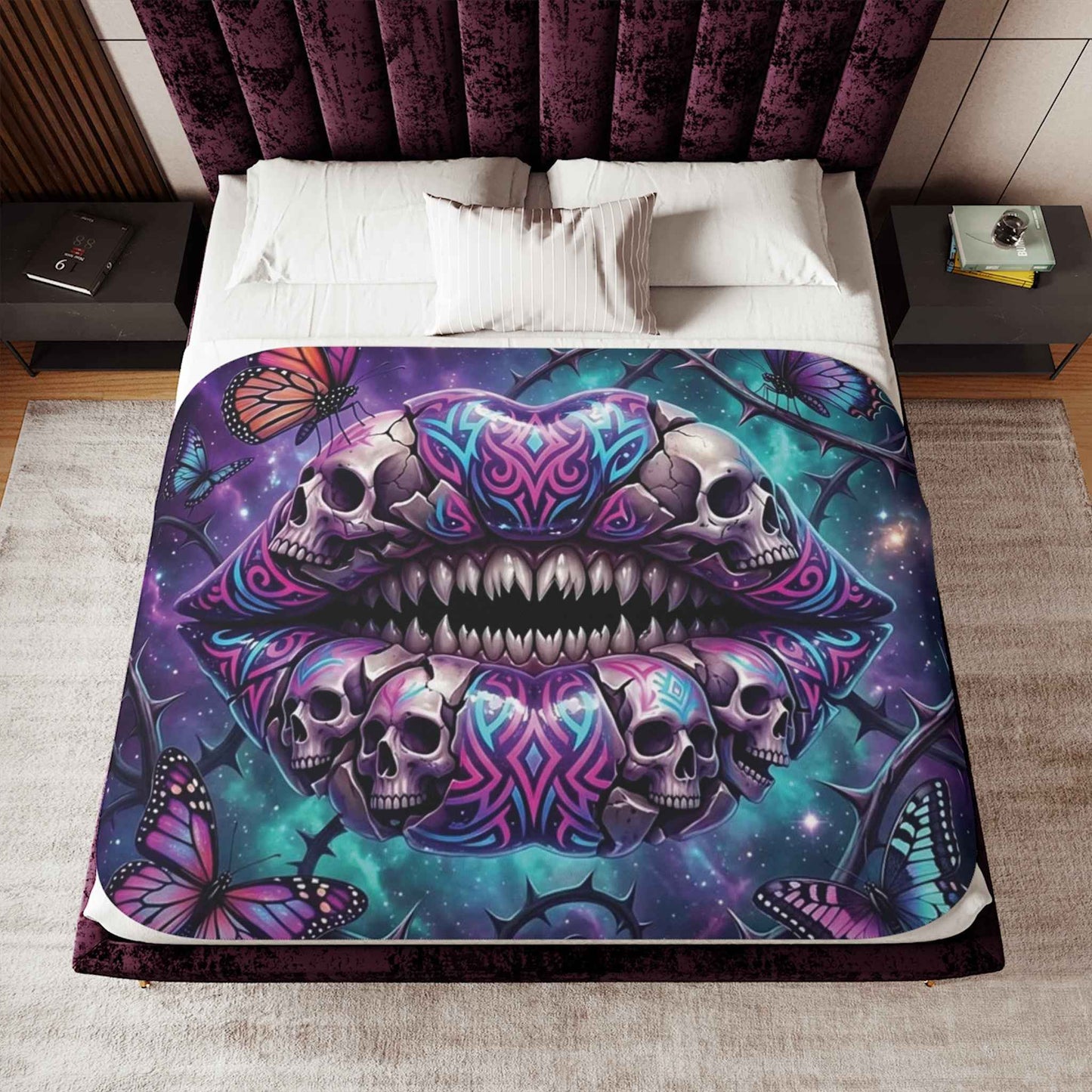 Skull & Butterflies Sherpa Blanket — Gothic Tribal Lip Art Cozy Throw