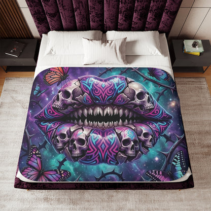 Skull & Butterflies Sherpa Blanket — Gothic Tribal Lip Art Cozy Throw