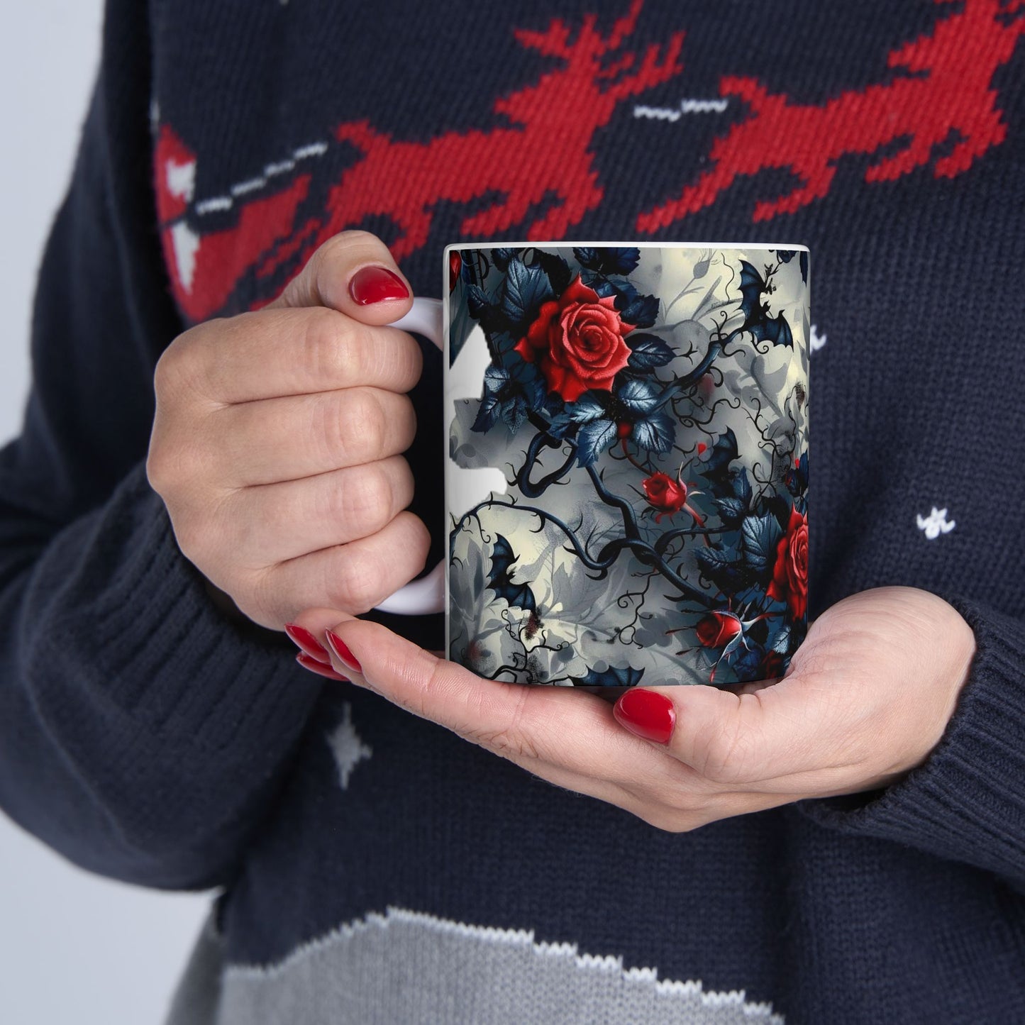 Red Rose Ceramic Mug — Dark Floral Coffee Cup