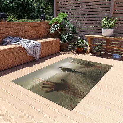Zombie Western Outdoor Rug — Haunted Cowboy Scene with Bloody Handprints