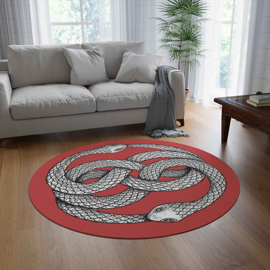 Intertwined Serpents Round Rug — Red Ouroboros Knot Floor Mat