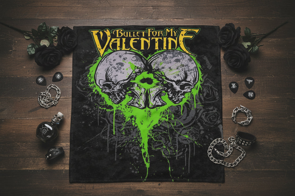 A rectangular black poster or print featuring the text 'Bullet For My Valentine' in a yellow metal-style font above a large skull graphic made from two mirrored skulls with bright green dripping paint and gray floral details on a black background.