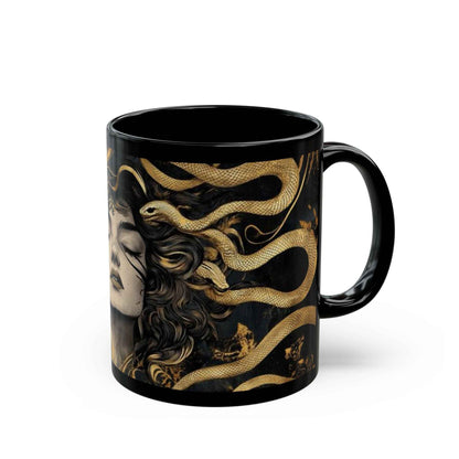 Medusa Art Black Ceramic Mug — Mythical Snake-Hair Goddess Coffee Cup