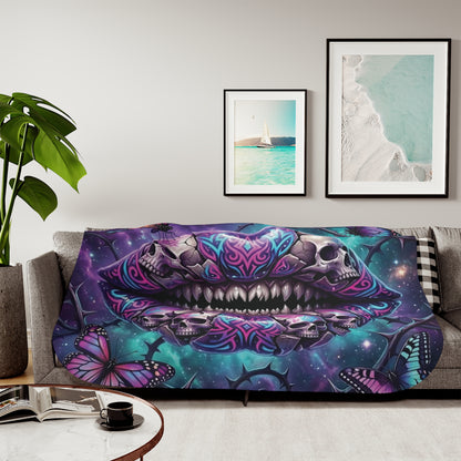 Skull & Butterflies Sherpa Blanket — Gothic Tribal Lip Art Cozy Throw
