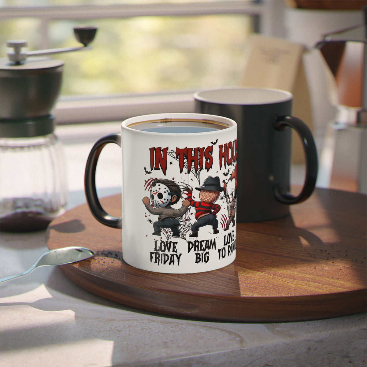 'In this house we...' Cute Horror Characters Coffee Mug