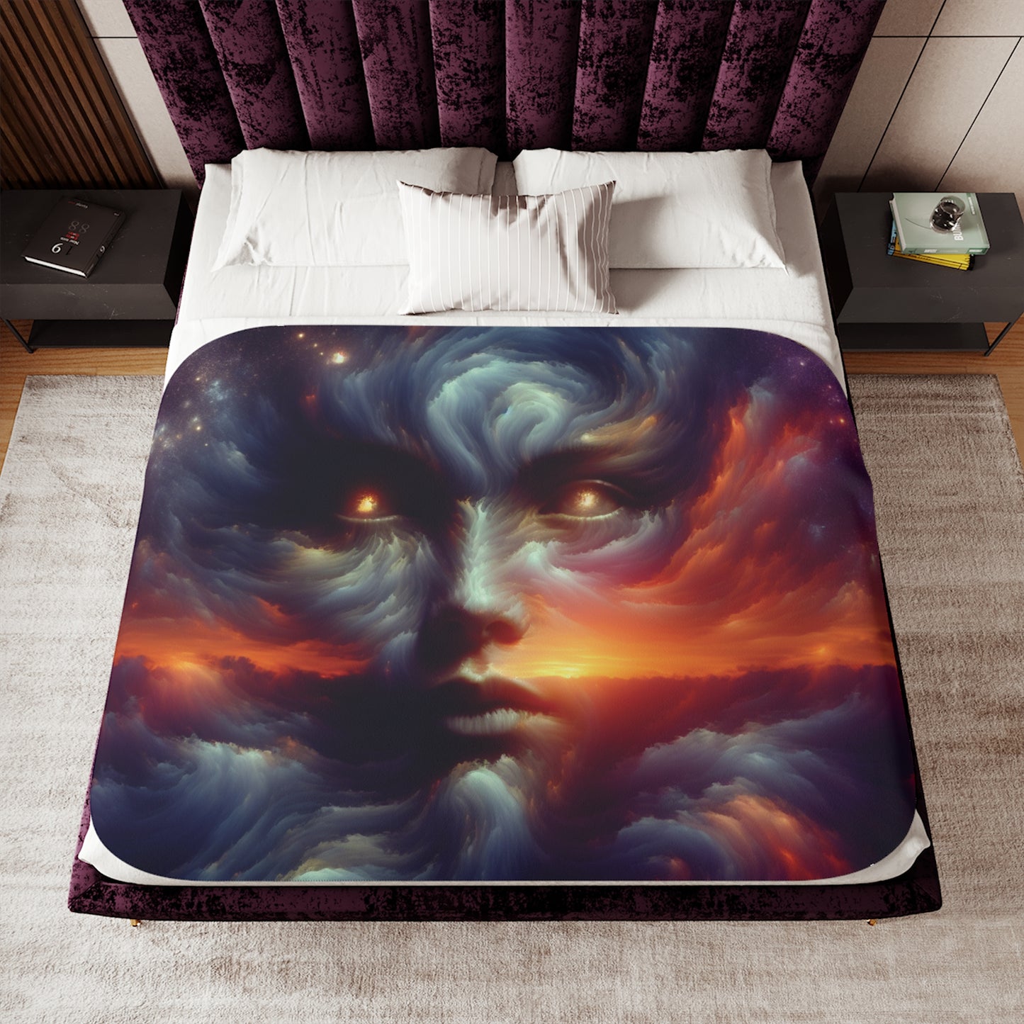 Cosmic Face Sherpa Blanket — Mystical Galaxy Cloud Portrait